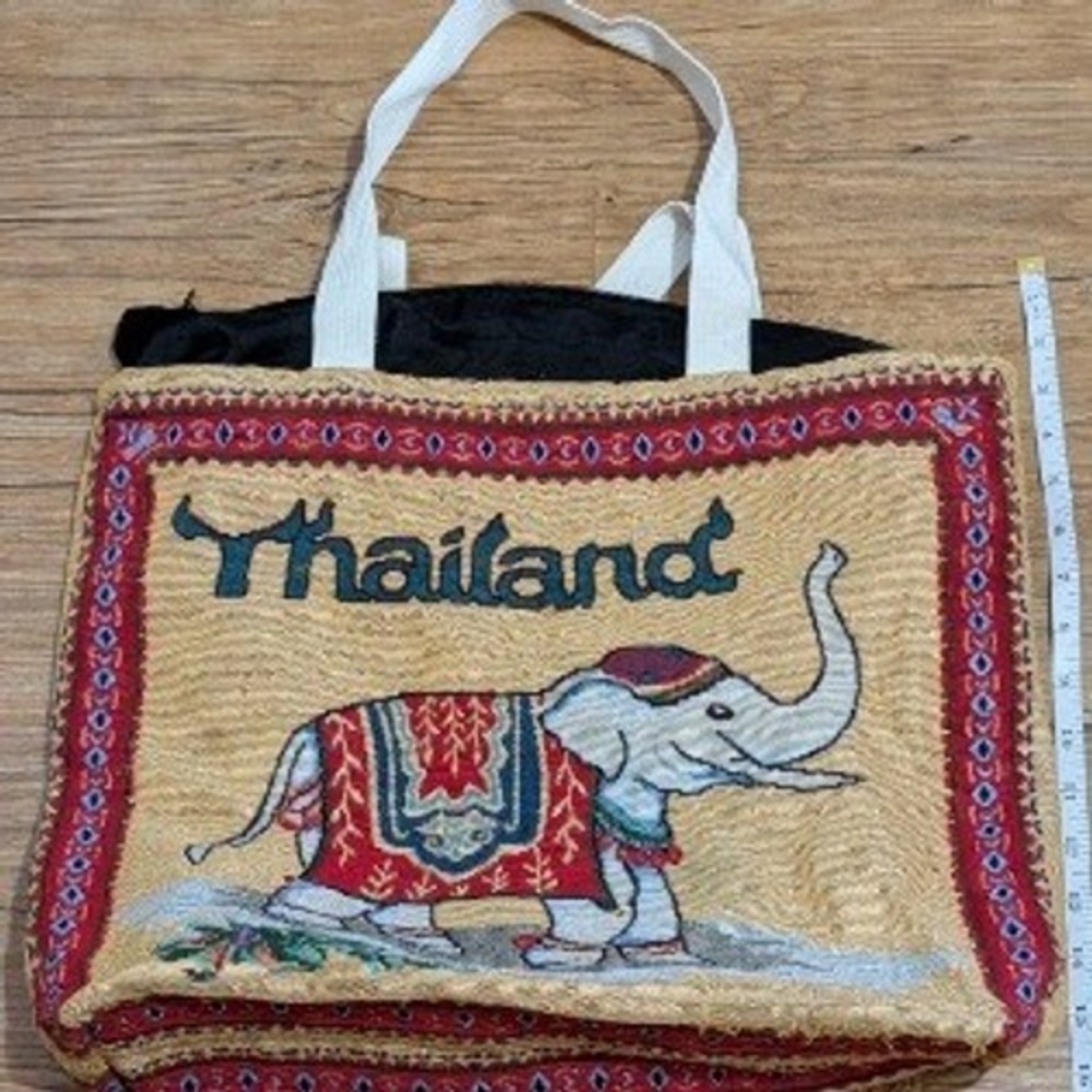 Thailand Elephant Woven Tapestry Tote Bag Boho Zipper Shoulder Bag Tan Red